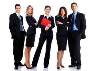 Young professionals standing against a white backdrop