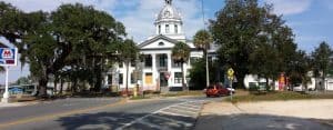 Exterior of courthouse with clock tower
