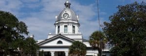 Exterior of courthouse with clock tower