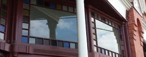 Exterior of building with stained glass windows