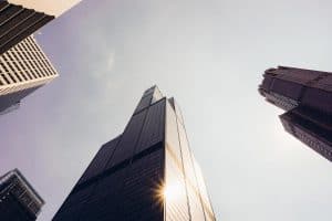 Looking up at city buildings